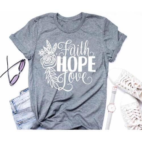 Faith hope love t-shirt flowers rose graphic women fashion slogan camiseta rosa feminina shirt Christian Jesus tee top- J943