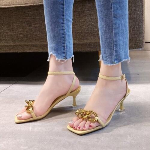 High Heels 2021 Summer New Women Roman Style Thick High Heels Metal Chain Women Sandals Open Toe Ankle Strap Elegant Pumps Shoes