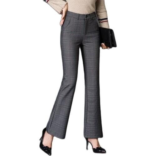 Women Beautiful Slim Plaid Flared Pants Casual Bell-bottom Fashion Stretch Large Size Slimming Office Trousers Big Yards