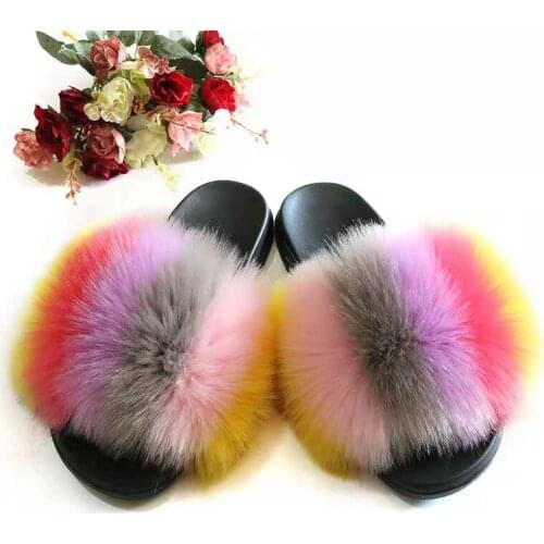 Fur Slippers Women Faux fox fur Slides Home Furry Flat Sandals Female Cute Fluffy House Shoes Woman Brand Luxury 2021 TX415