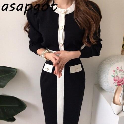 Asapgot Korea Chic Elegant O Neck Single-breasted Knitted Sweater Wrap Hip Bodycon Sheath Slim High Waist Knit Skirts Set Black