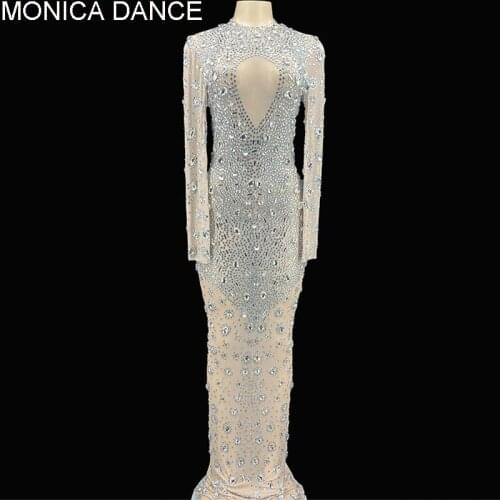 Women Sexy Stage Flashing Silver Crystals Stones Sexy Transparent Long Dress Evening Birthday Celebrate Mesh Stretch Dance Dress