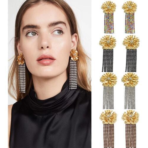Gold Metal Flower Long Tassel Earrings Crystal Rhinestone korean Vintage Big Flower Stud Earrings For Women Christmas earrings