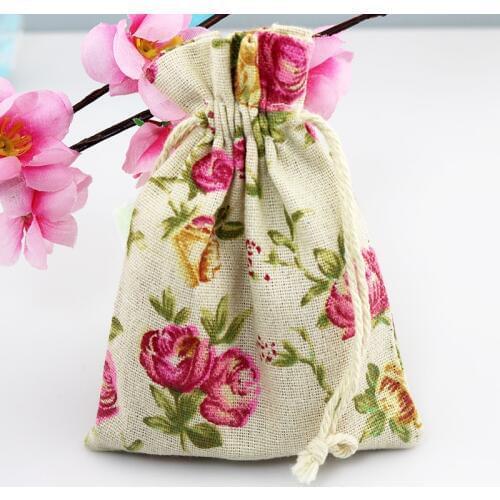 10pieces/lot) Rose Flower Print Cotton Bag 10x14cm Drawstring Pouch Favor Bracelet Jewelry Packaging Bags Pouches Can Custom