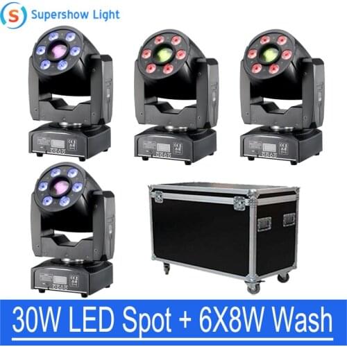 4pcs Moving Head With Flight Case Wash 30W Spot 6x8W RGBW LED Lyre Mobile Head 2in1 Stage Lighting Effect DJ Lights DMX Control