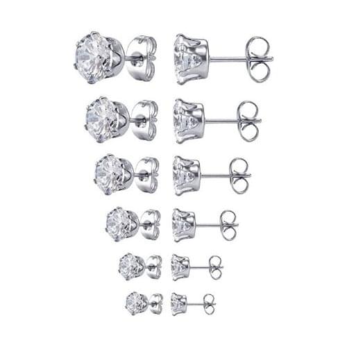 6 Pairs of Stainless Steel Zircon Small Ear Stud Fashion Earrings for Men and Women Cool Non-Fading Spherical Piercing Ornament