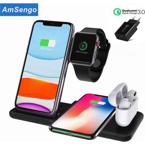 Amsengo 4 in 1 Foldable Wireless Charger 15W Fast Charging Station for iPhone 12 11 Pro Max Mini Chargers for iWatch Airpods pro
