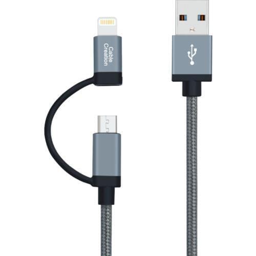 2-in-1 Lightning Cable, [MFi Certified] CableCreation 0.8 Feet Lightning and Micro USB to USB Data Sync Charge Cable