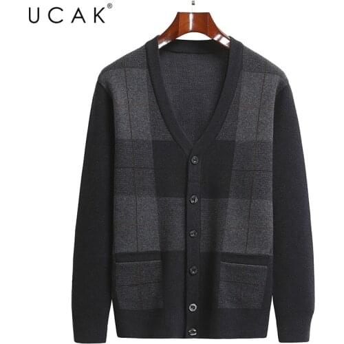 UCAK Brand Casual Pockets Cardigans Men Sweatercoat Clothing Autumn New Classic Streetwear Striped Cardigan Pull Homme U1270