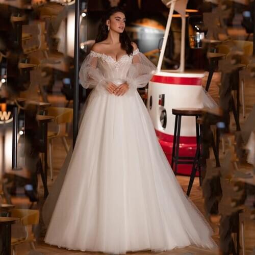 Fashion Detachable Puffy Sleeve Wedding Dresses 2021 Lace Bride Dress Gowns Dots Tulle Plus Size Robe de Mariage