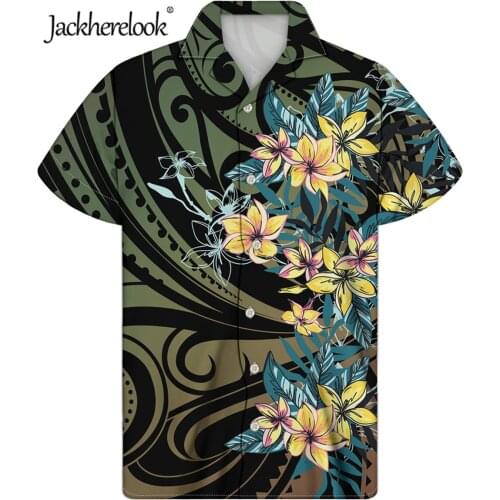 Jackherelook Mens Shirts Hawaiian Camicias Polynesian Tribal Hibiscus Floral Print Short-sleeve Tops Shirt Beach Clothing 2021