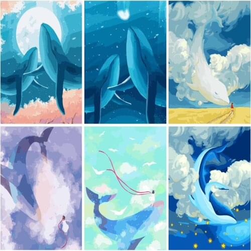 Painting By Numbers DIY Cartoon Blue Whale Handmade Gift Paint By Number Canvas Kits Figure Acrylic Paint Decoration