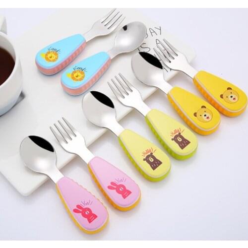 Cartoon stainless steel cutlery set Anti-slip Baby Convenient Fork Spoon Anti-scald Two-piece childrens tableware