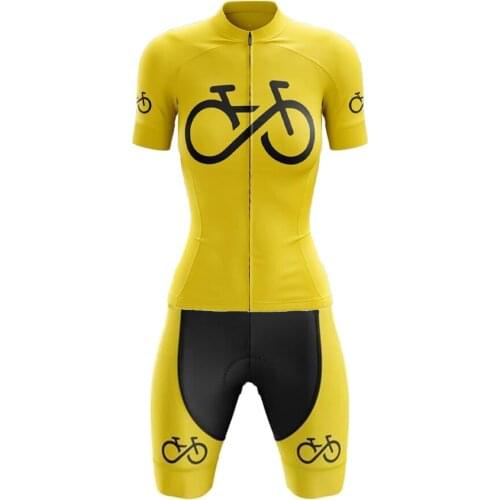 New Summer Woman Bike Forever Yellow Cycling Jersey Set Short Sleeve Bib Shorts Gel Breathable Pad Roupa Ciclismo Feminina