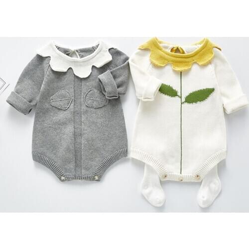 Baby Knitted Romper Spring Autumn Lotus Leaf Collar Flower Knitted Long-sleeved Jumpsuit Infant Sweater Baby Girl Boy Bodysuit