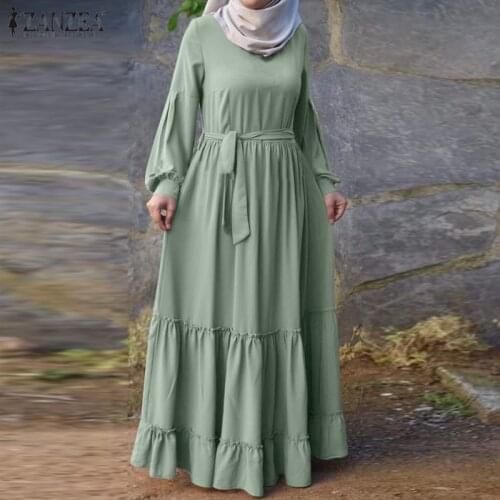 Kaftan Vestido ZANZEA Muslim Abaya Turkey Hijab Dress Spring Long Sleeve Lace Up Ruffles Sundress Fashion Vintage Solid Dresses