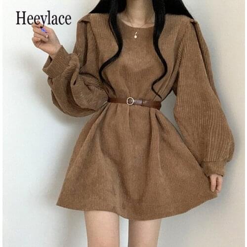 Vintage Corduroy Belt Dress Women Solid O-Neck Lantern Sleeve Mini Dresses Ladies Korean Fashion Spring Fall Vestido De Mujer