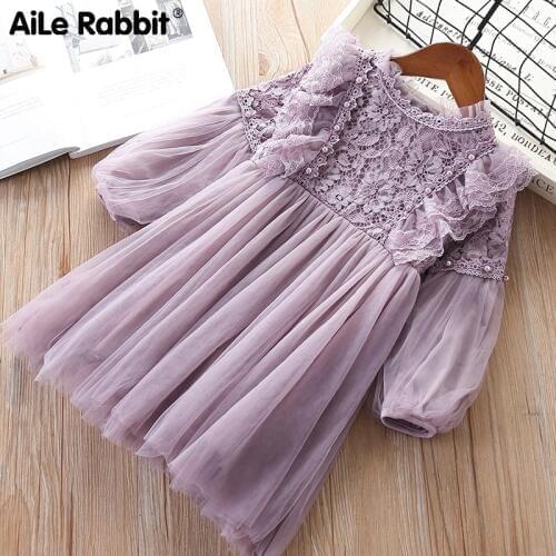 Girl Dresses Lantern Sleeve Princess Party Princess 2019 Spring Kids Lace Children Dress With Pearls Purple And White 3-7T