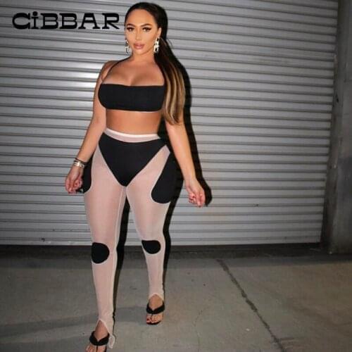 CIBBAR Casual Mesh Patchwork Long Pencil Pants Women Sexy See Through High Waist Trousers Summer Skinny Party Wear Outfits 2021