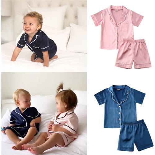 Baby Boys Girls Silk Satin Pajamas Set Summer Short Sleeve Single Breasted Shirt Elastic Shorts Toddler Sleepwear Nightgown Suit