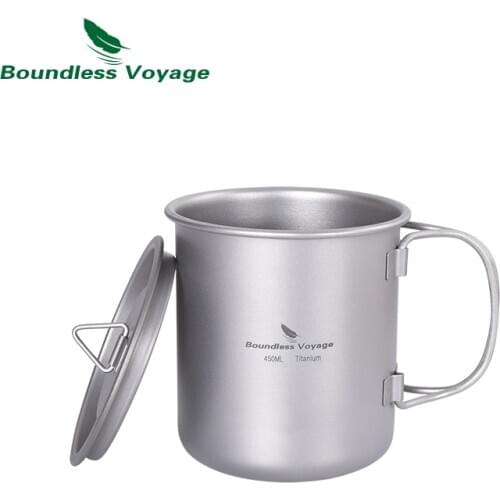 Boundless Voyage 450ml Titanium Cup with Folding Handle Outdoor Camping Hiking Ultralight Coffee Tea Wine Water Soup Mug Ti1544C