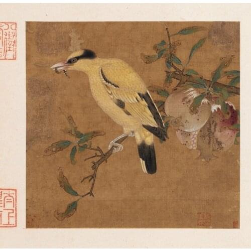 Traditional Chinese painting flowers picture painting vintage posters A yellow bird on pomegranate Song dynasty masterpiece art