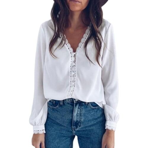 European American Womens New Style V-Neck Long-Sleeved Shirt Solid Color Loose Top