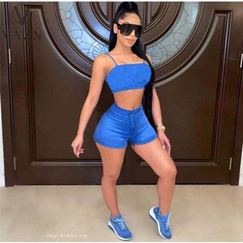 VAZN 2021 Summer Sleeveless Strap Sexy Bandage Bikini Beach Suits 2 Piece Set Women Top And Pant