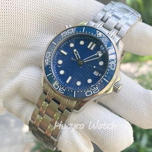 High Quality 41mm Blue Dial Ceramic Bezel Stainless Steel Automatic Mens Watch Glass Screw in Crown Date
