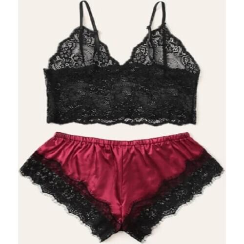 Womens Lace Suspender Top With Shorts 2-piece Sexy Pajamas Suit