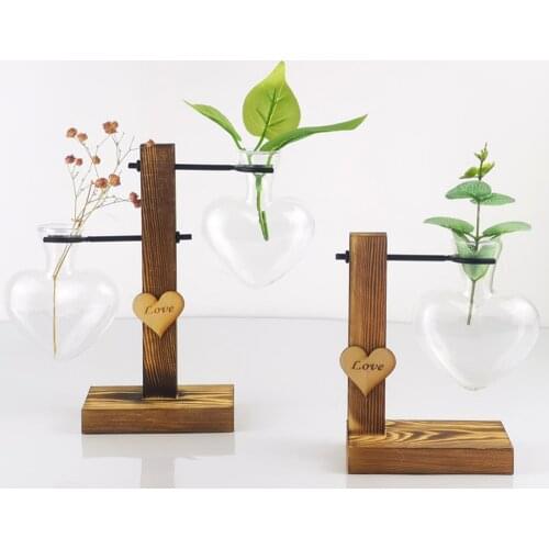 Hydroponic Glass Planter heart Vase with Wooden Stand Tray Tabletop Desk Decor Water Planting Propagation Home Decor Glass Vas