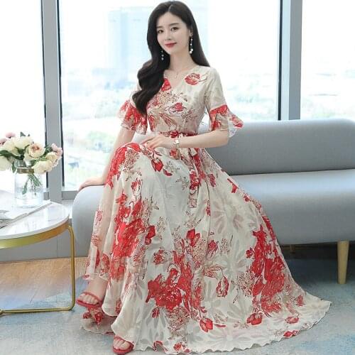 Women Long Floral Chiffon Jacquard Dress Summer 2021 Boho Retro Elegant Casual Party Night Fairy Vacation Runway Vestidos Korean