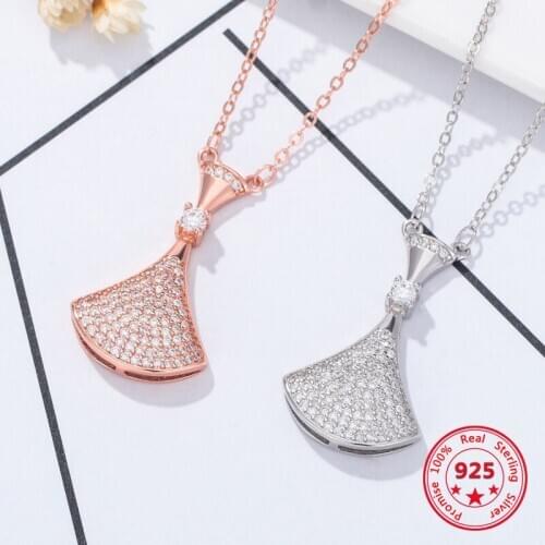 S925 Sterling Silver Skirt Necklace Womens Double-layer Fan-shaped Zircon Pendant Fashion Clavicle Chain