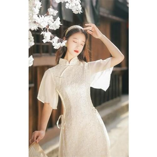 Women Cheongsam Slim Temperament Dress 2021 Summer Modern Fashion Girl Chiffon Lotus Leaf Sleeve Young Elegant Chic Qipao Dress