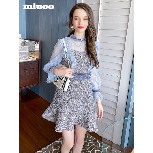 Diamond collar tweed lace dress with high waist and lotus leaf 2021 spring High Quality Top Quality