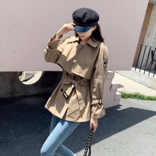 2019 Autumn Short Windbreaker Fashion Sweet Belt Casual Khaki Lapel Long Sleeve Double-breasted Slim Slimming Coat