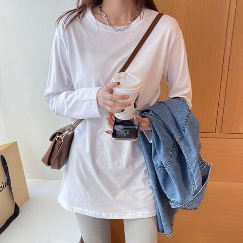 2021 Autumn New Korean Womens T-shirt Loose Solid Color Long-sleeved Simple T-shirt Streetwear Qm