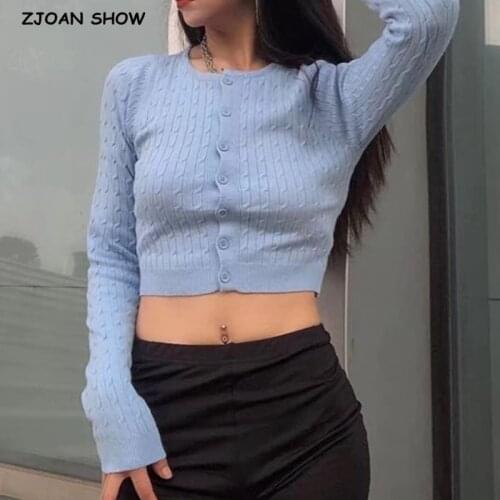 8 colors Streetwear Women Knit Twist Striped Buttons Crop Cardigan French Exposed navel Short Knitwear Long sleeve Jumper Tops