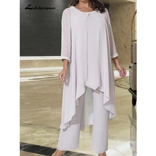 Plus size Mother of the Bride Pant Suit Elegant Jewel Neck Floor Length Chiffon 3/4 Length Sleeve with Pleats 2020