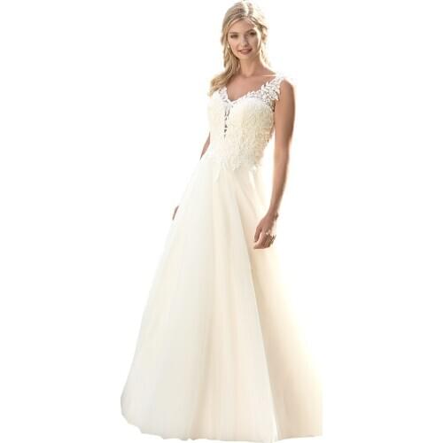 Floral Lace Wedding Dresses A Line Off White V Neck Sleeveless Lace-Up Back Outdoor Garden Wedding Party Gowns
