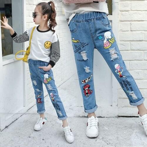 Teenage Girls Jeans 2018 Spring Summer Children Broken Hole Pants Kids Denim Trousers Cartoon 8 10 12 14 Years Old