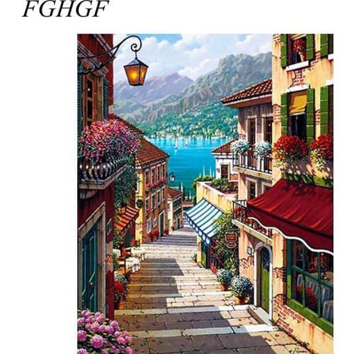 FGHGF Frameless Fountain Landscape DIY Painting By Numbers Hand Painted Oil Painting Home Decor Wall Art Picture