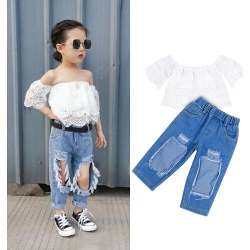 FOCUSNORM 1-7Y Fashion Kids Girls Clothes Sets Lace Floral Printed Off Shoulder T Shirts Long Denim Pants 2pcs Outfits