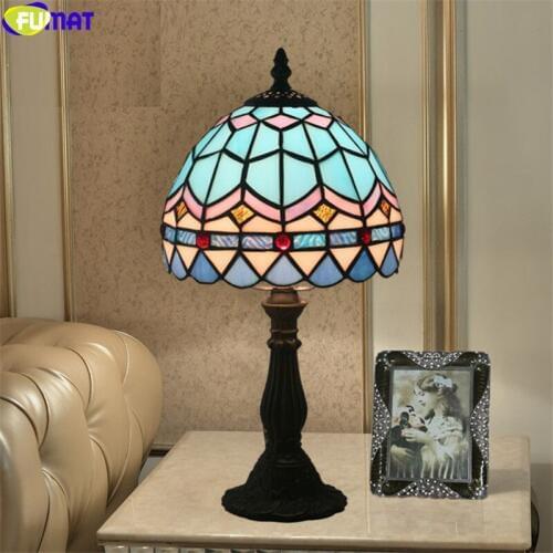 FUMAT Tiffany Style Table Lamps Blue Mediterranean Stained Glass Desk Lights Handcraft Arts Alloy Base 8Inch European Home Decor