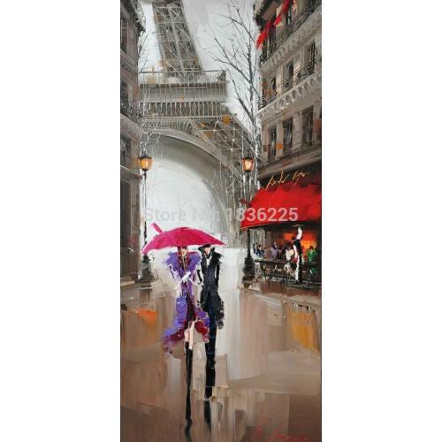 Lovers under red umbrella Modern Paris Effiel Tower Painting Picture City Building Landscape Painting Canvas couple Wall Art