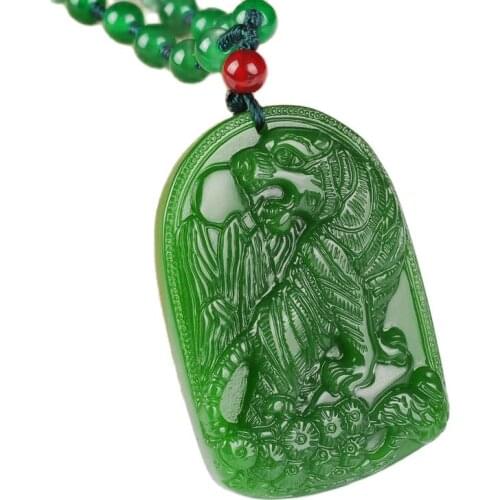 Chinese Handmade Jasper Spinach Green 12 Zodiac Tiger Jade Hanging Necklace