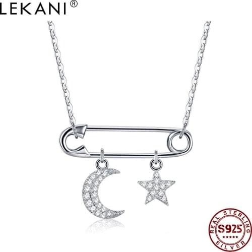 LEKANI Unique Paper Clip Three Pendants 925 Sterling Silver With Cubic Zircon Moon And Star Women Necklace Special Fine Jewelry
