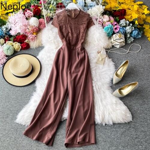 Neploe Lace Patchwork Jumpsuits Women Chic O Neck Short Sleeve Ladies Playsuits Elegant Slim Waist Wide Leg Beach Bodysuit 1D800