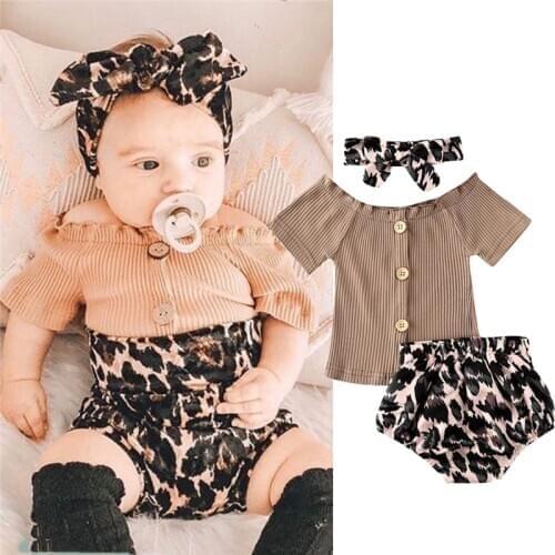 3pcs Newborn Infant Baby Boy Girl Clothes Set Summer Short Sleeve Knitted Tops Leopard Shorts Headband Outfit Baby Girl Costumes