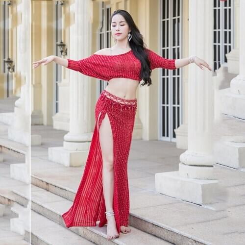 Belly Dance Suit Bat Sleeve Top Split Long Skirt Practice Clothes Set Female Adult Elegant Loose Shirt Performance Clothing